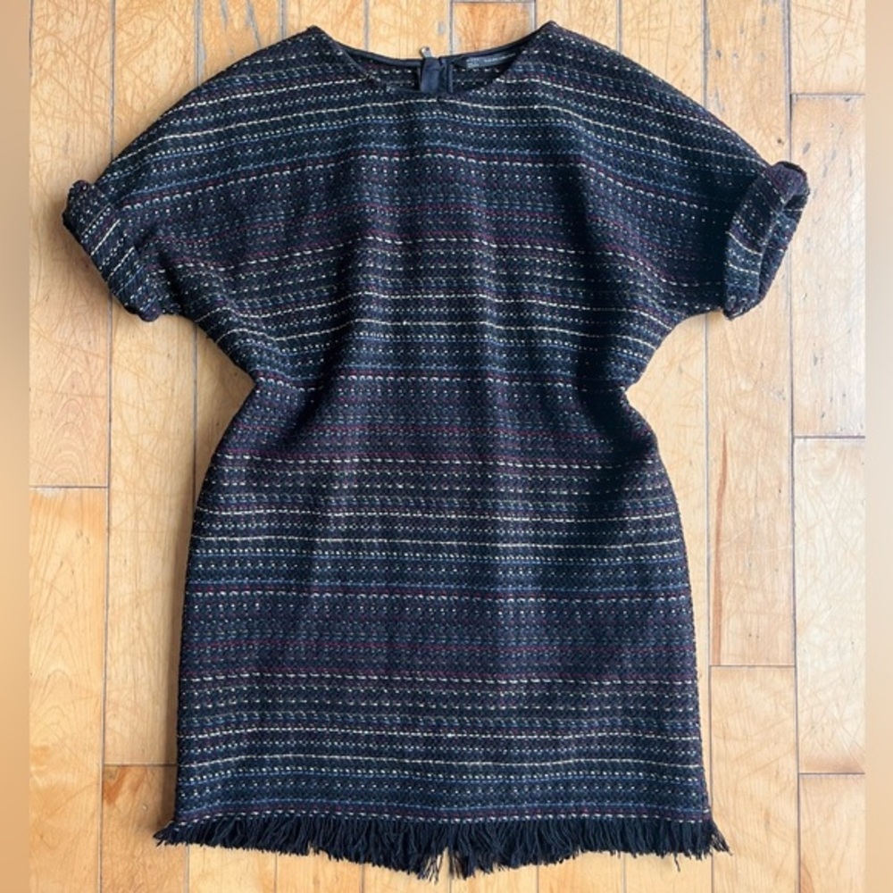Trafaluc by Zara Textured Tweed Wool Blend Fringe Dress Size Small